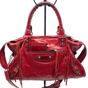 Balenciaga Original City Red Lambskin Leather Studs Shoulder Handbag Med S/S04